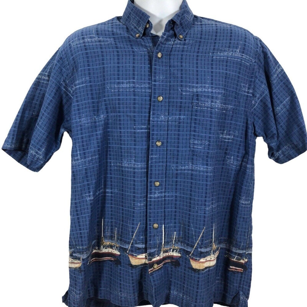 Keeler Bay Nautical Theme Ships Boats Short Sleeve Shirt blue multi Men’s Size M